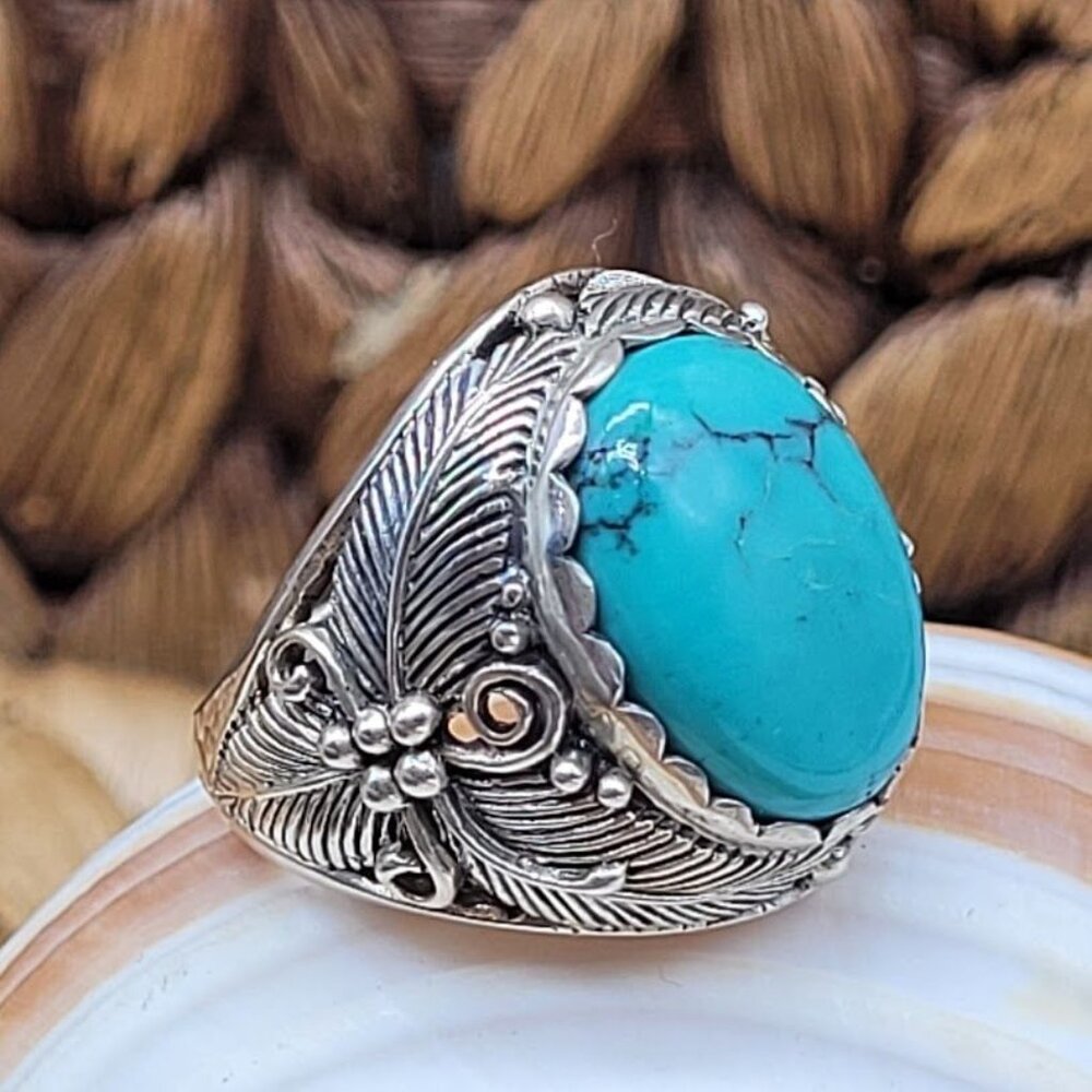 NEW Turquoise Sterling Silver Ring Intricate Leaf Design Artisan Gift Handmade 8